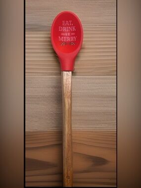 Krumbs Kitchen Farmhouse Holiday Silicone Cooking Spoon w/ Wooden Handle Merry